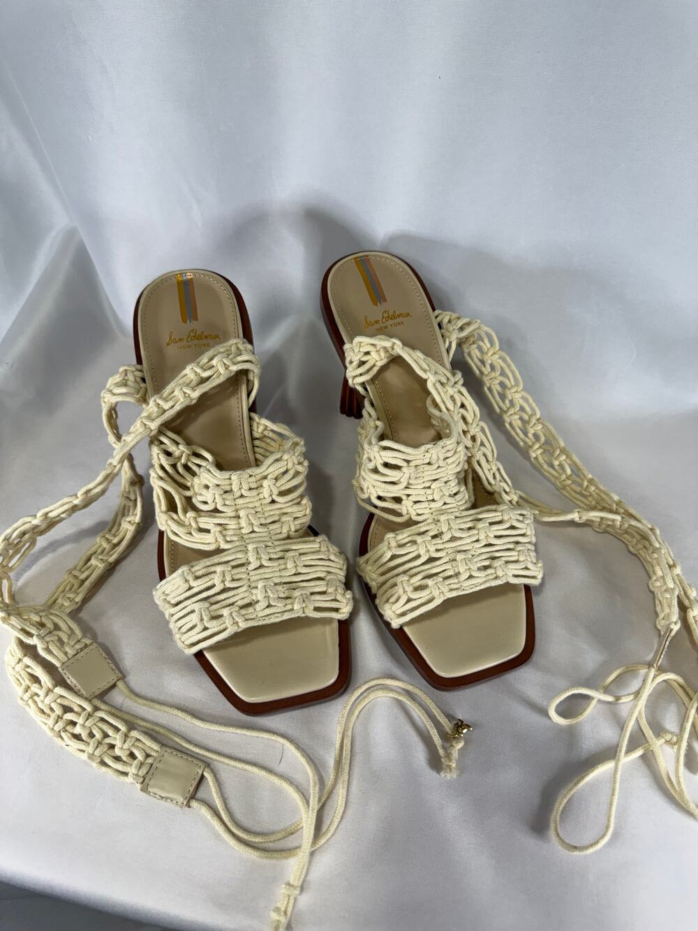 Sam Edelman Harleigh Sandals 9M Ivory Macrame Wrap Tie Sculpted Heel Boho